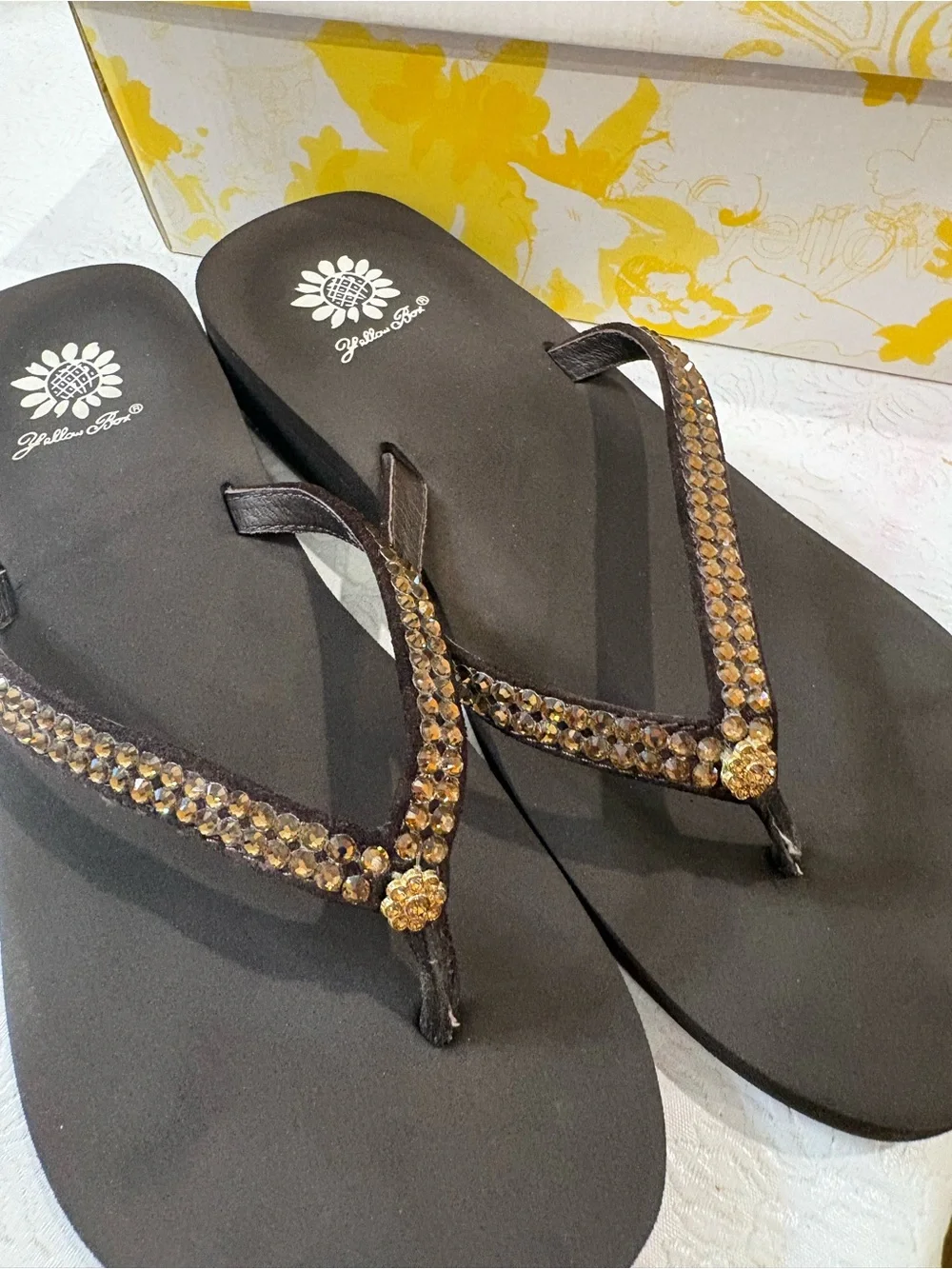 Yellow Box Brown Flip Flop Sandals with Brown Gem Straps - Picture 6 of 6
